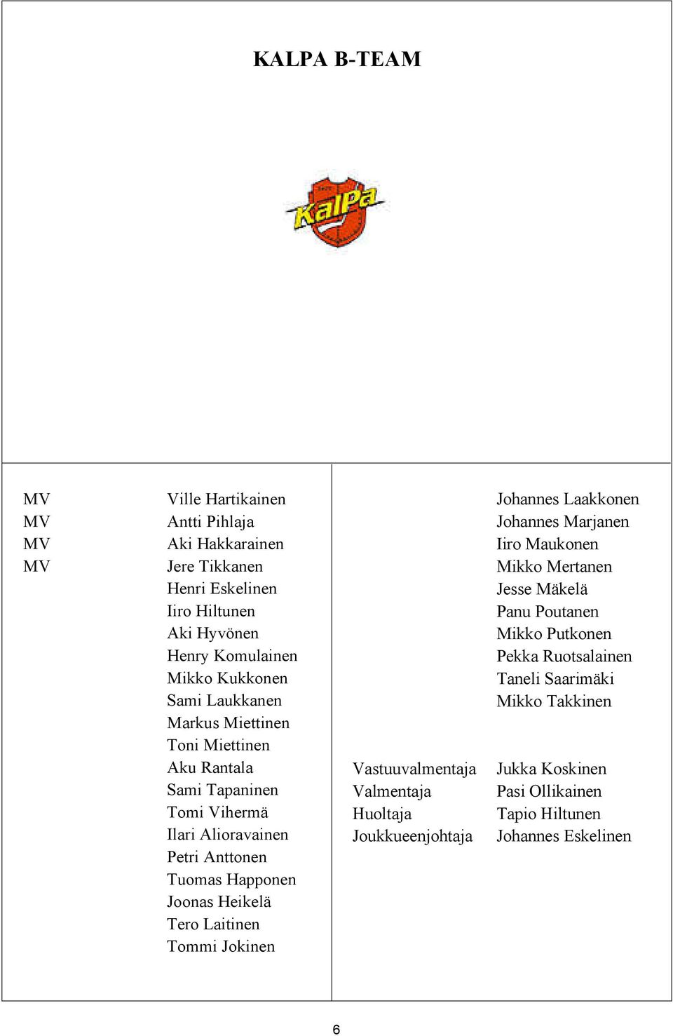 Tero Laitinen Tommi Jokinen Vastuuvalmentaja Valmentaja Huoltaja Joukkueenjohtaja Johannes Laakkonen Johannes Marjanen Iiro Maukonen Mikko Mertanen