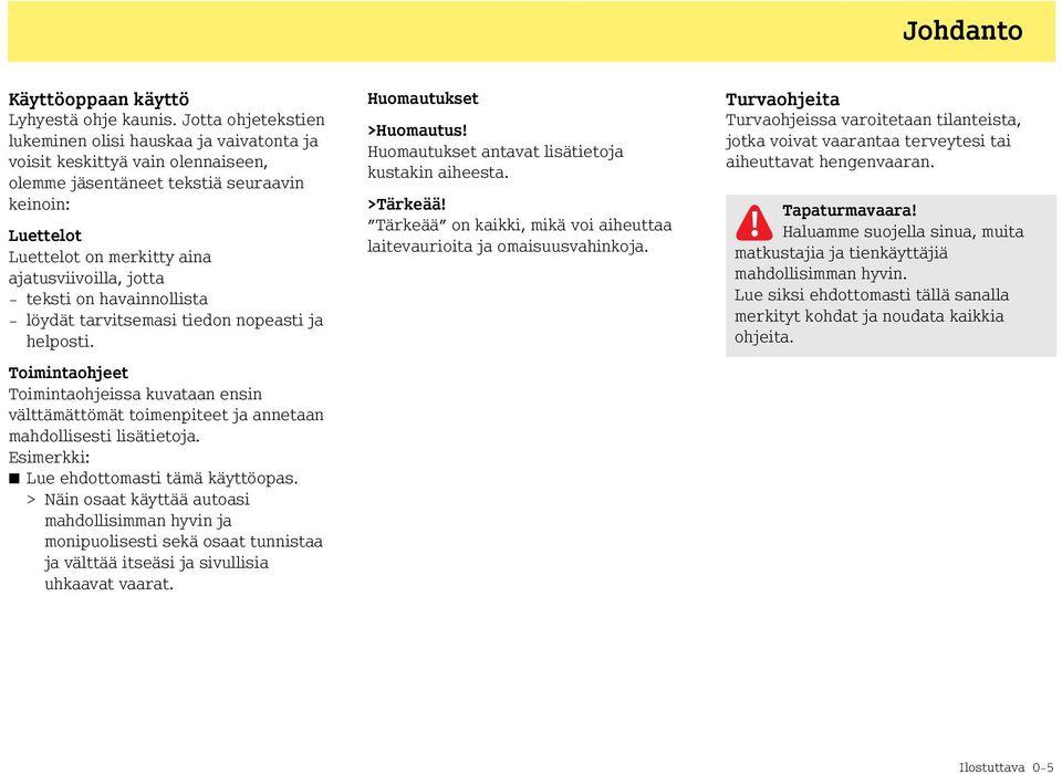 jotta - teksti on havainnollista - löydät tarvitsemasi tiedon nopeasti ja helposti. Toimintaohjeet Toimintaohjeissa kuvataan ensin välttämättömät toimenpiteet ja annetaan mahdollisesti lisätietoja.