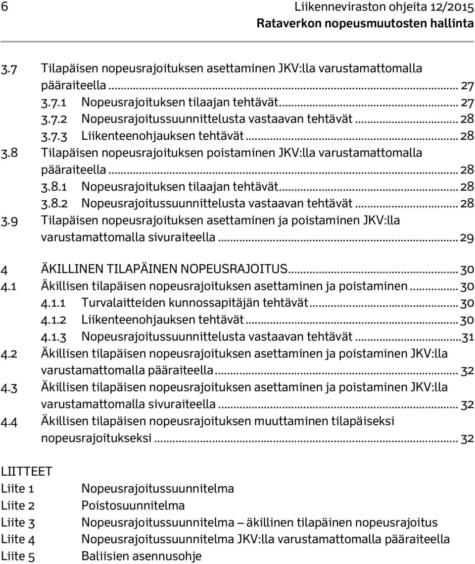 .. 28 3.9 Tilapäisen nopeusrajoituksen asettaminen ja poistaminen JKV:lla varustamattomalla sivuraiteella... 29 4 ÄKILLINEN TILAPÄINEN NOPEUSRAJOITUS... 30 4.