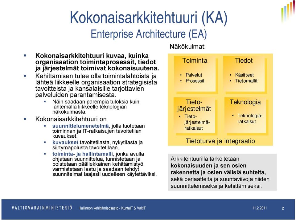 Näin saadaan parempia tuloksia kuin lähtemällä liikkeelle teknologian näkökulmasta. Kokonaisarkkitehtuuri on suunnittelumenetelmä, jolla tuotetaan toiminnan ja IT-ratkaisujen tavoitetilan kuvaukset.