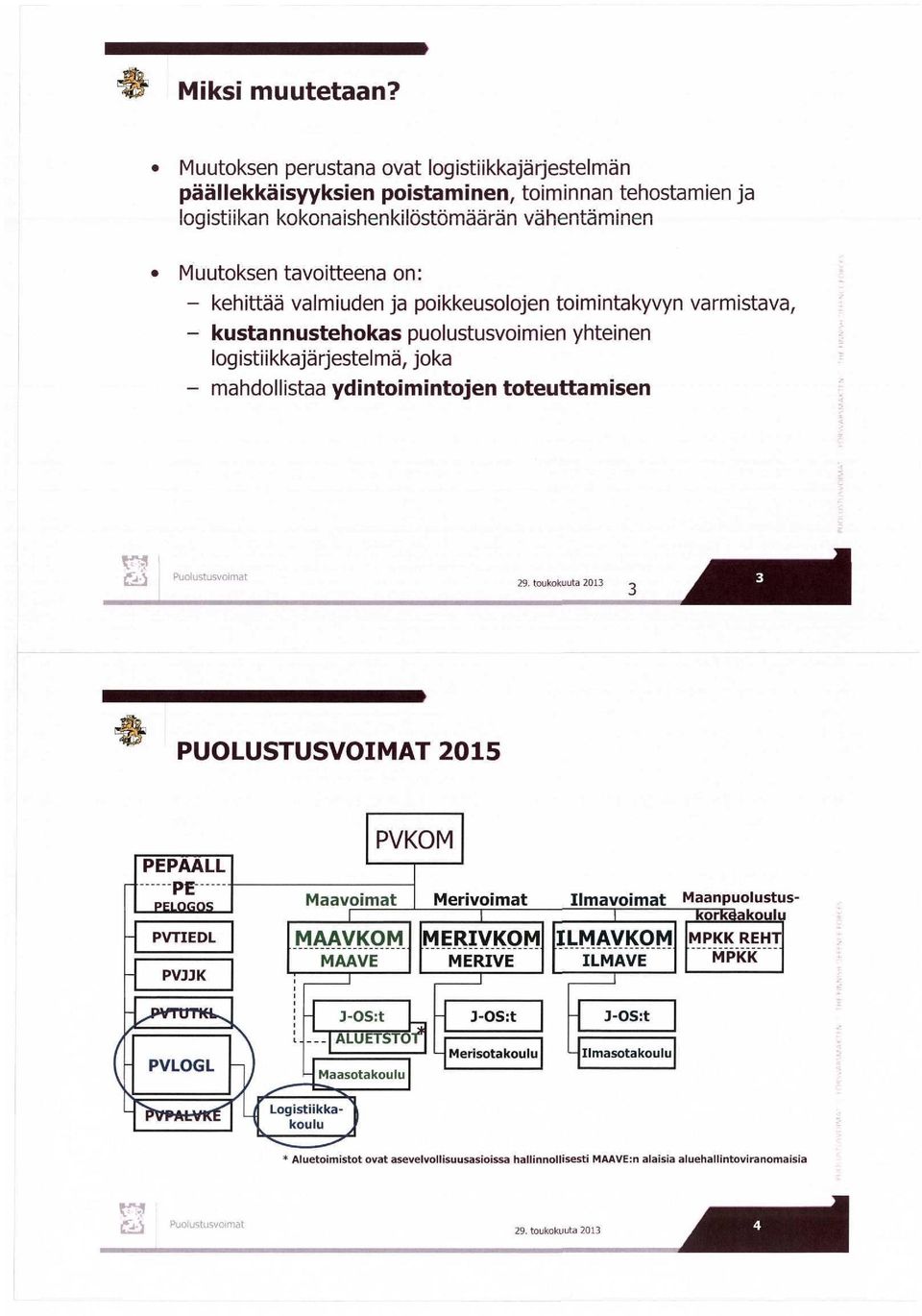 kehittää valmiuden ja poikkeusolojen toim ntakyv kustannustehokas puolustusvoimien yhteinen logistiikkajärjestelmä, joka nahdo listaa ydintoimintojen toteuttar isen stava i ^