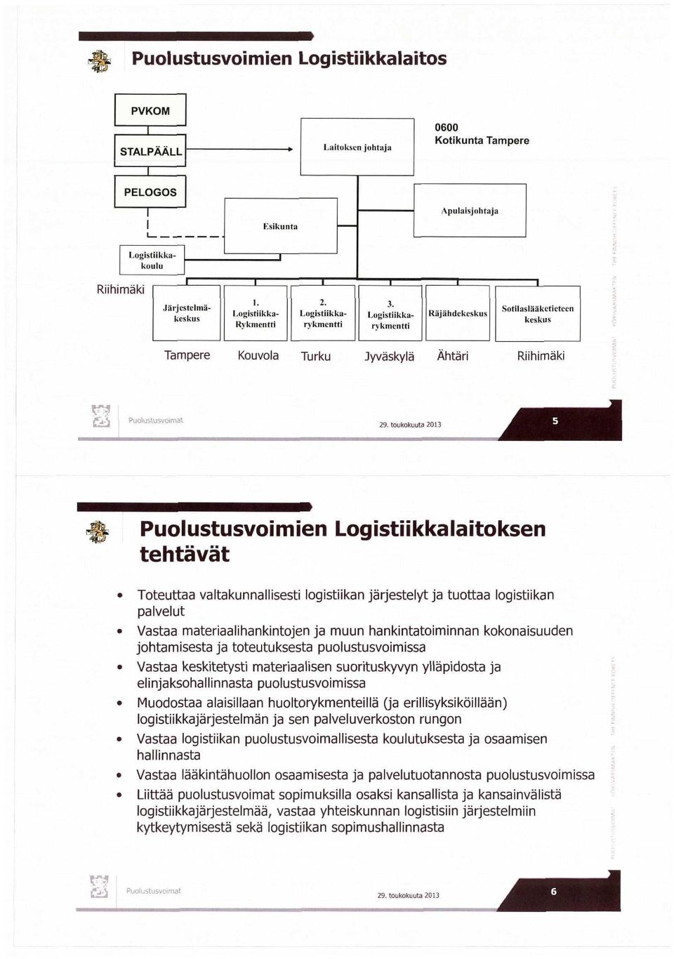 Logistiikkarvkmentti Käjähdekeskus Sotilaslääketieteen keskus Tampere Kouvola Turku Jyväskylä Ähtäri Riihimäki ^ Puolustusvoimien Logistiikkalaitoksen tehtävät Toteuttaa valtakunnallisesti