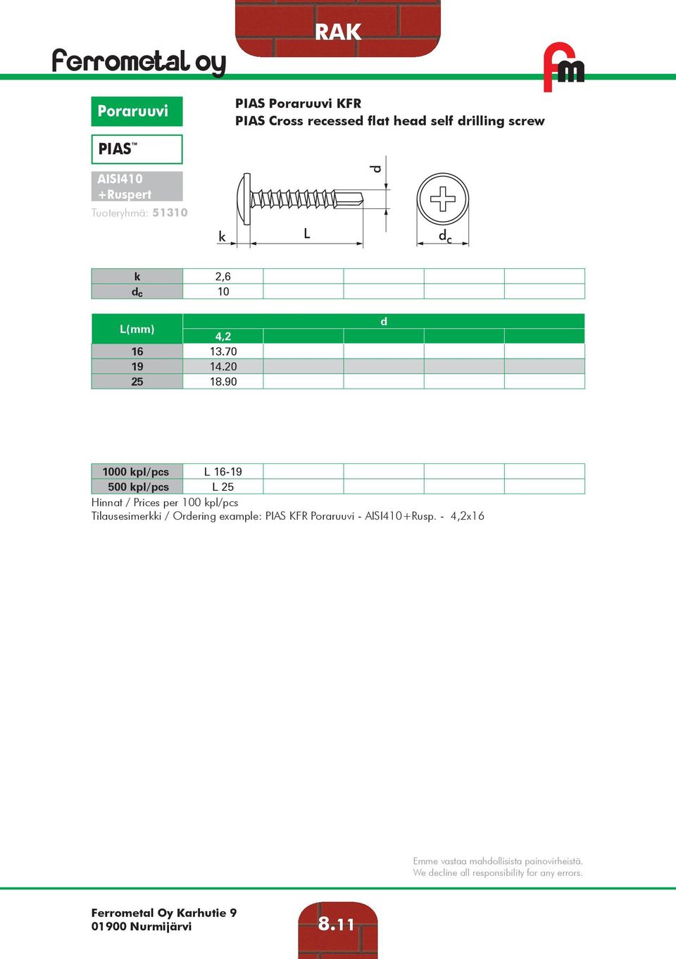 90 1000 kpl/pcs 16-19 500 kpl/pcs 25 Tilausesimerkki / Orering example: PIAS KFR Poraruuvi -