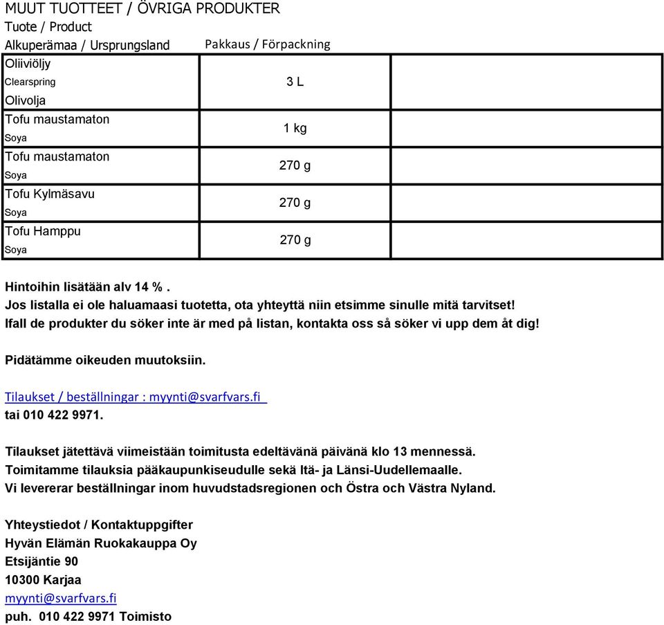 Ifall de produkter du söker inte är med på listan, kontakta oss så söker vi upp dem åt dig! Pidätämme oikeuden muutoksiin. Tilaukset / beställningar : myynti@svarfvars.fi tai 010 422 9971.