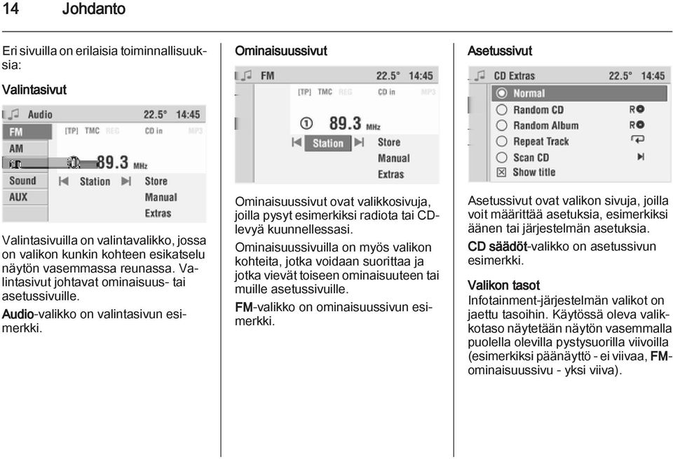 Ominaisuussivut ovat valikkosivuja, joilla pysyt esimerkiksi radiota tai CDlevyä kuunnellessasi.