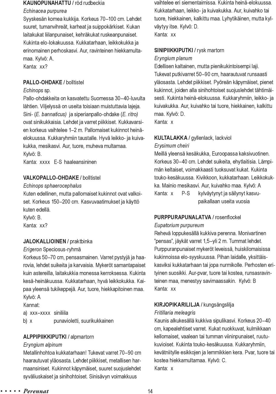 PALLO-OHDAKE / bolltistel Echinops sp. Pallo-ohdakkeita on kasvatettu Suomessa 30 40-luvulta lähtien. Viljelyssä on useita toisiaan muistuttavia lajeja. Sini- (E.