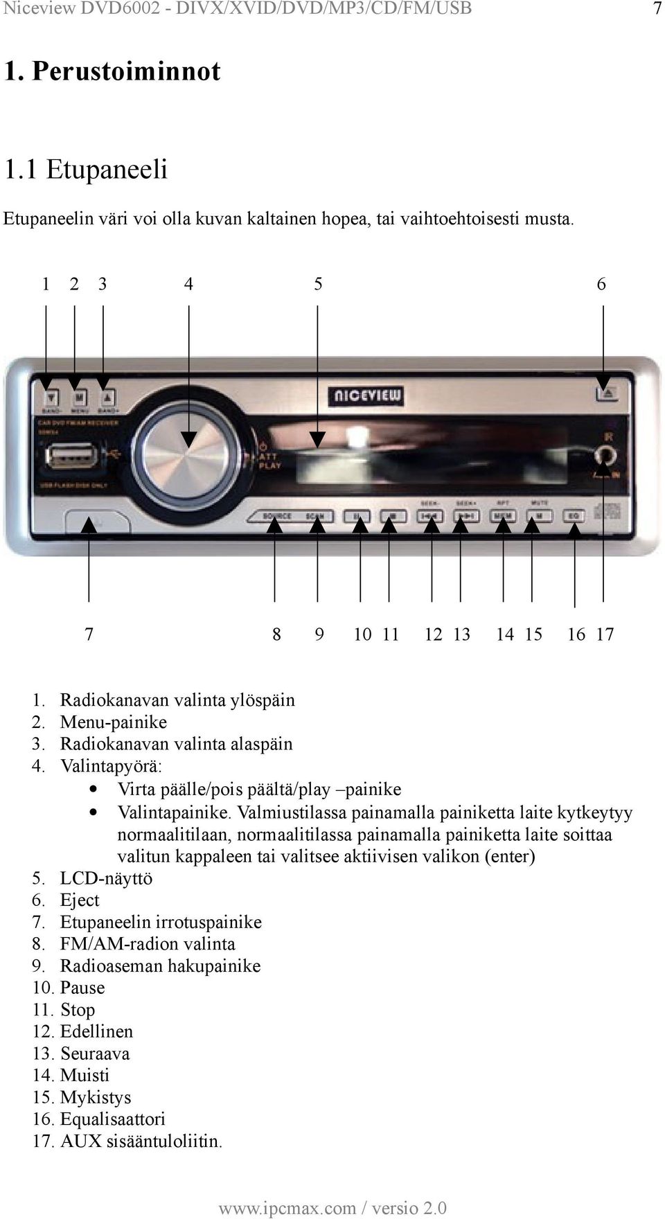 Valmiustilassa painamalla painiketta laite kytkeytyy normaalitilaan, normaalitilassa painamalla painiketta laite soittaa valitun kappaleen tai valitsee aktiivisen valikon