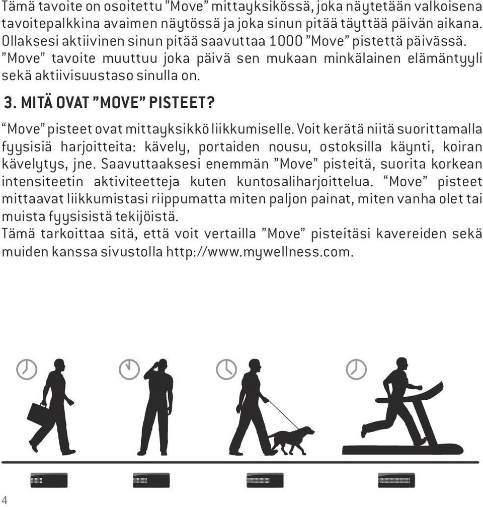 Move pisteet ovat mittayksikkö liikkumiselle. Voit kerätä niitä suorittamalla fyysisiä harjoitteita: kävely, portaiden nousu, ostoksilla käynti, koiran kävelytys, jne.