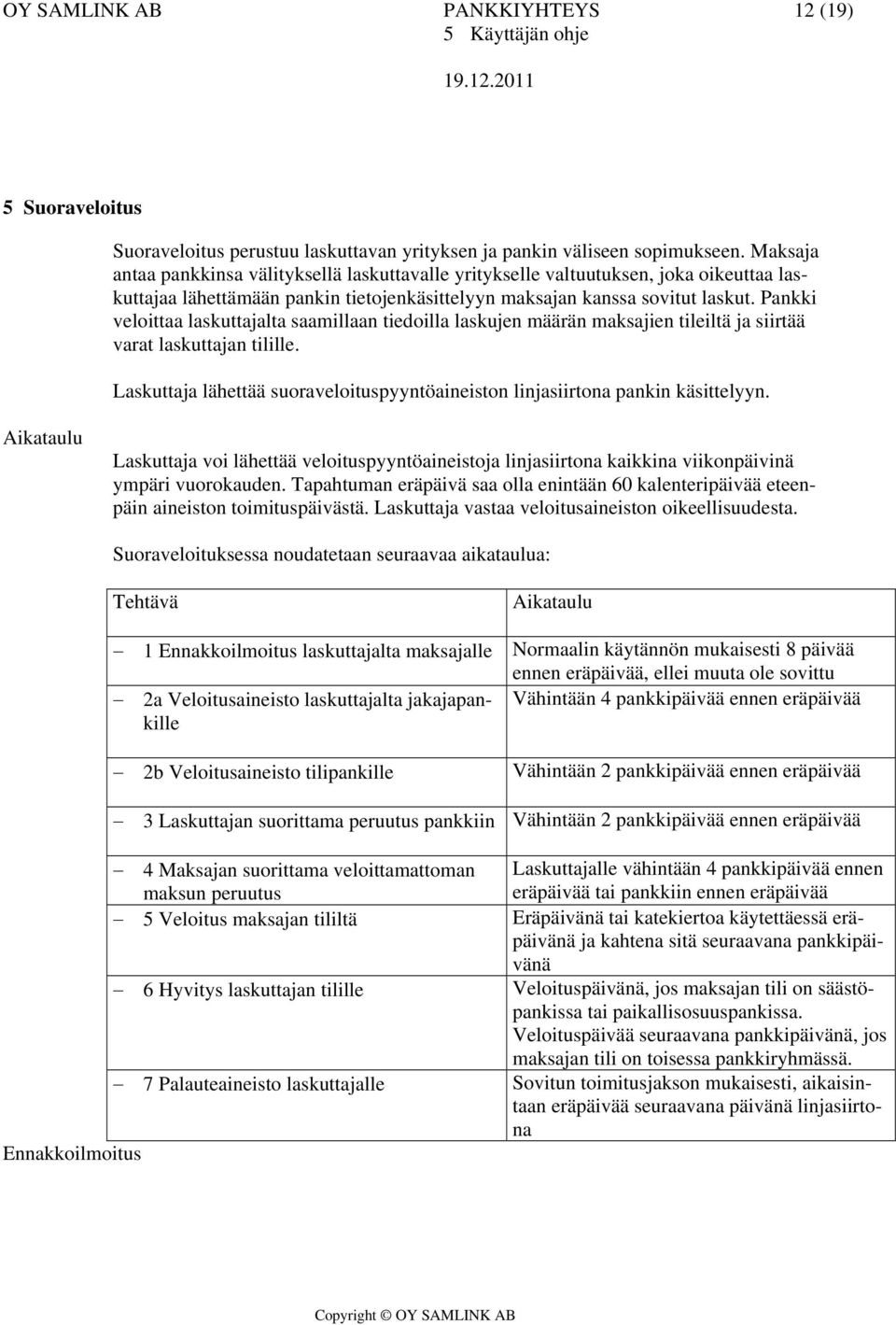 Pankki veloittaa laskuttajalta saamillaan tiedoilla laskujen määrän maksajien tileiltä ja siirtää varat laskuttajan tilille.