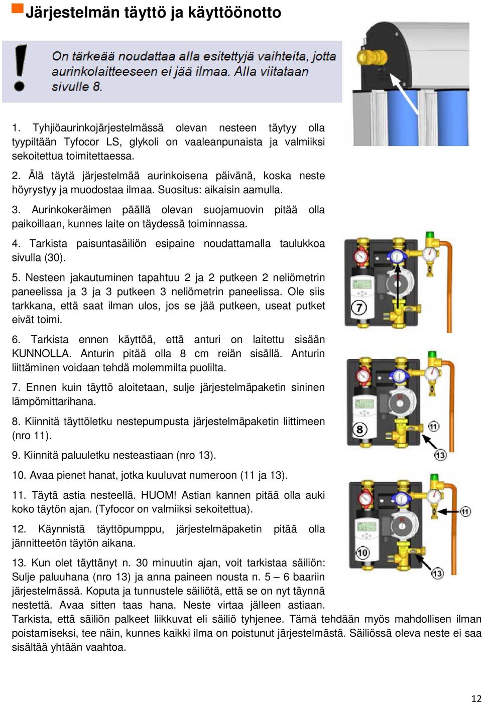 Aurinkokeräimen päällä olevan suojamuovin pitää olla paikoillaan, kunnes laite on täydessä toiminnassa. 4. Tarkista paisuntasäiliön esipaine noudattamalla taulukkoa sivulla (30). 5.