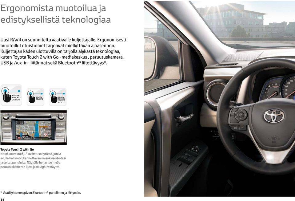 Kuljettajan käden ulottuvilla on tarjolla älykästä teknologiaa, kuten Toyota Touch 2 with Go -mediakeskus, peruutuskamera, USB ja Aux-in -liitännät sekä Bluetooth