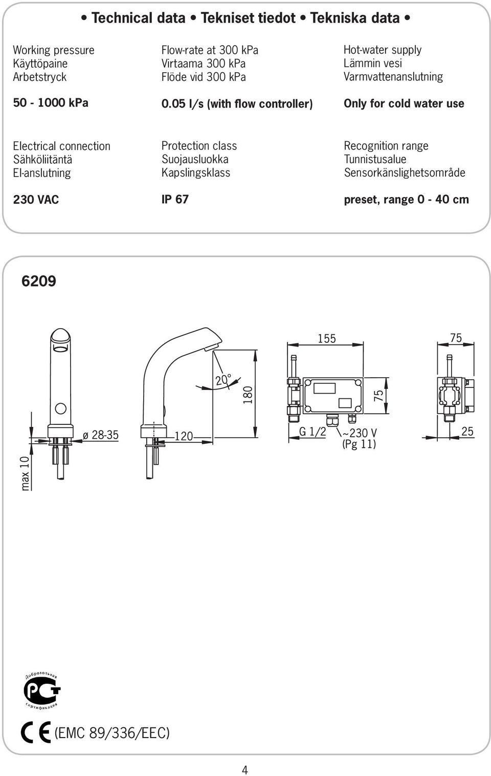 05 l/s (with flow controller) Hot-water supply Lämmin vesi Varmvattenanslutning Only for cold water use Electrical