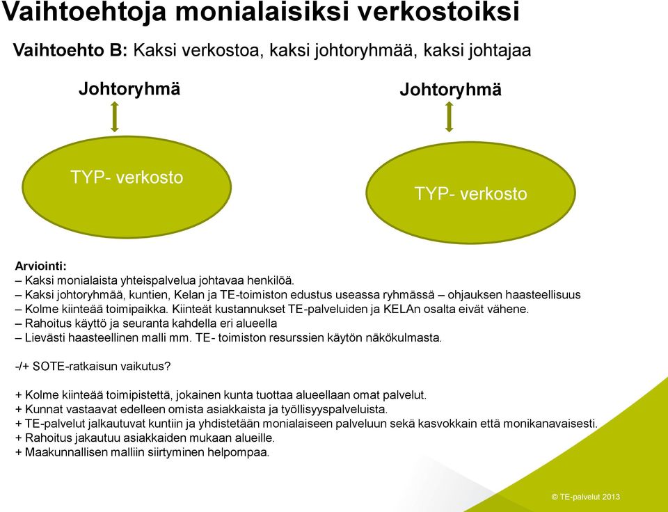 Rahoitus käyttö ja seuranta kahdella eri alueella Lievästi haasteellinen malli mm. TE- toimiston resurssien käytön näkökulmasta. -/+ SOTE-ratkaisun vaikutus?