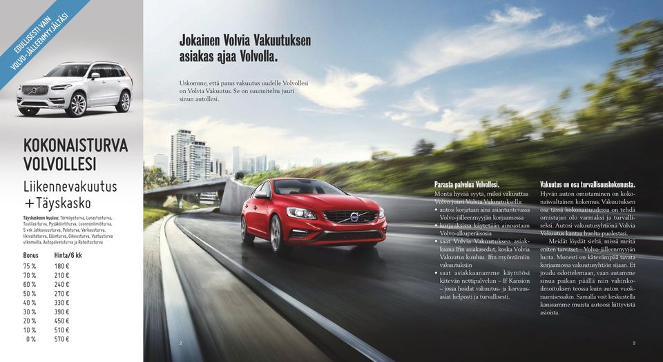 Varkausturva, Ilkivaltaturva, Eläinturva, Oikeusturva, Vastuuturva ulkomailla, Autopalveluturva ja Rahoitusturva Bonus Hinta/6 kk 75 % 180 70 % 210 60 % 240 50 % 270 40 % 330 30 % 390 20 % 450 10 %