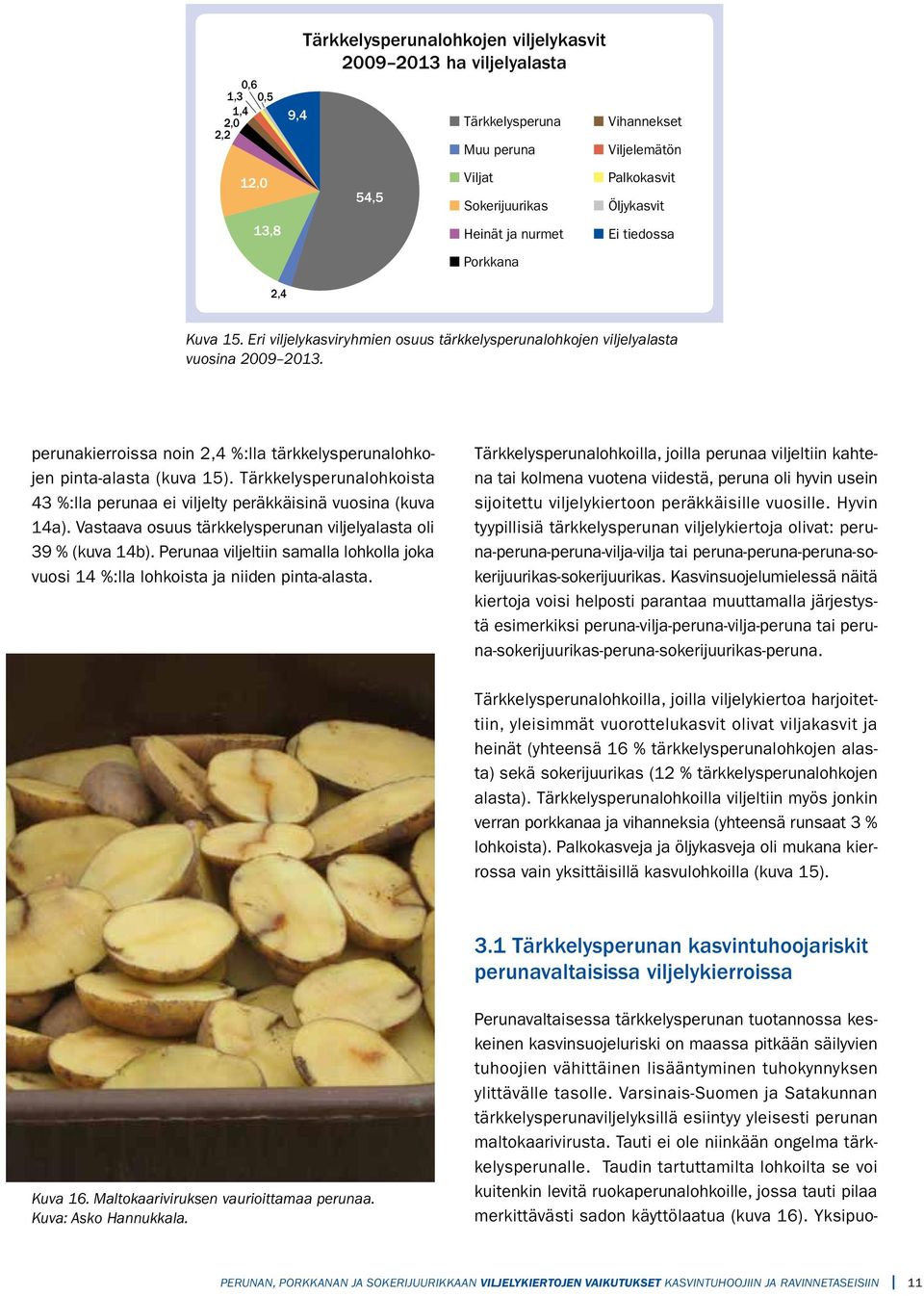 perunakierroissa noin 2,4 %:lla tärkkelysperunalohkojen pinta-alasta (kuva 15). Tärkkelysperunalohkoista 43 %:lla perunaa ei viljelty peräkkäisinä vuosina (kuva 14a).