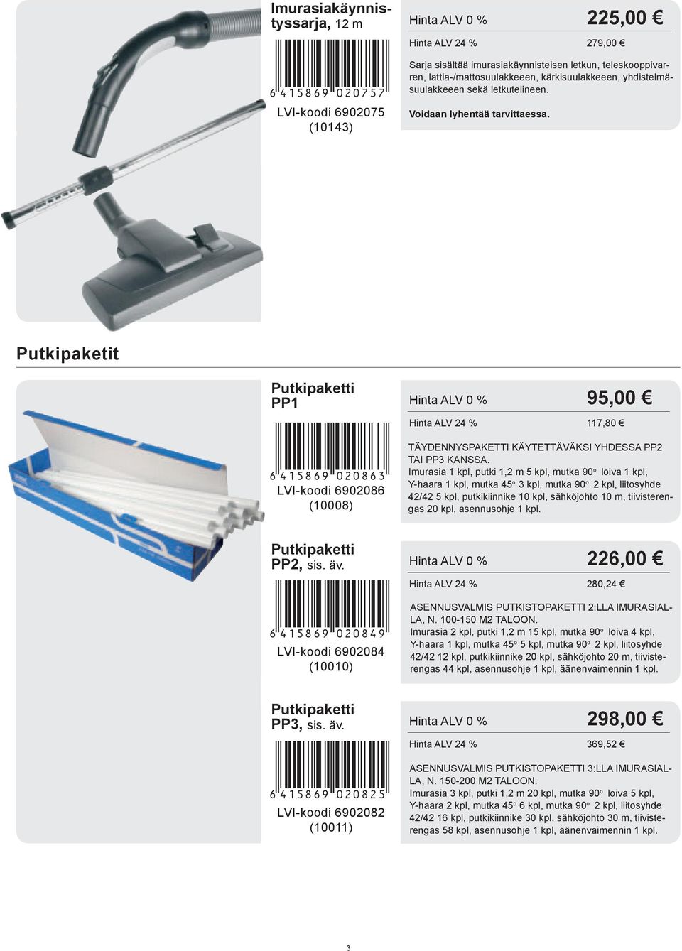 Putkipaketit Putkipaketti PP1 *6415869020863* LVI-koodi 6902086 (10008) Hinta ALV 0 % 95,00 Hinta ALV 24 % 117,80 TÄYDENNYSPAKETTI KÄYTETTÄVÄKSI YHDESSA PP2 TAI PP3 KANSSA.