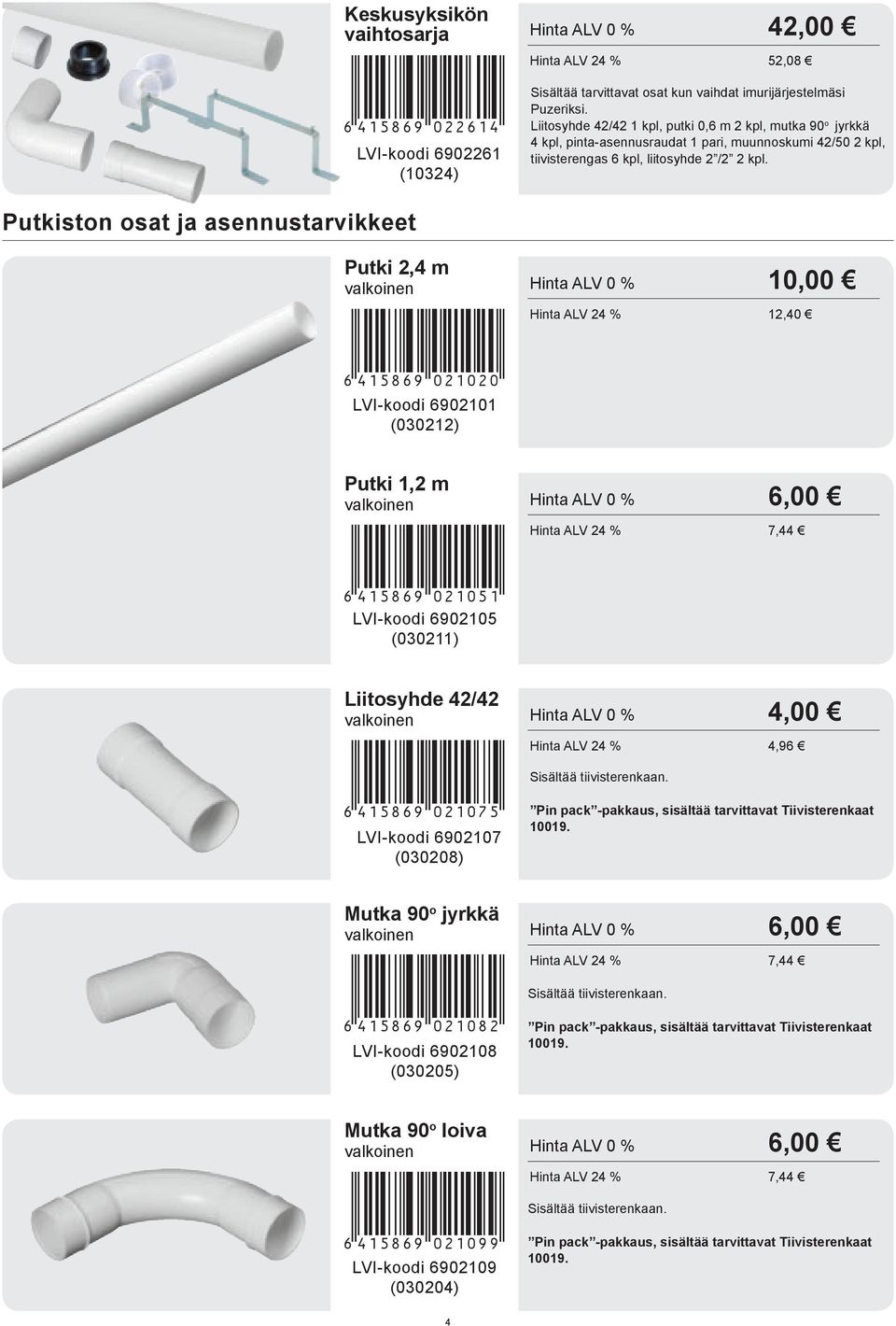 Putkiston osat ja asennustarvikkeet Putki 2,4 m *6415869021020* Hinta ALV 0 % 10,00 Hinta ALV 24 % 12,40 LVI-koodi 6902101 (030212) Putki 1,2 m *6415869021051* Hinta ALV 0 % 6,00 Hinta ALV 24 % 7,44