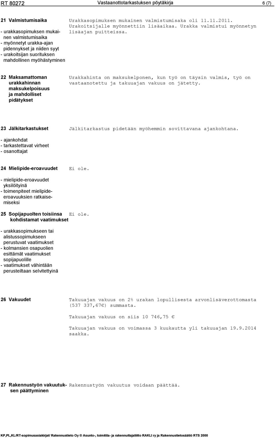 22 Maksamattoman urakkahinnan maksukelpoisuus ja mahdolliset pidätykset Urakkahinta on maksukelponen, kun työ on täysin valmis, työ on vastaanotettu ja takuuajan vakuus on jätetty.