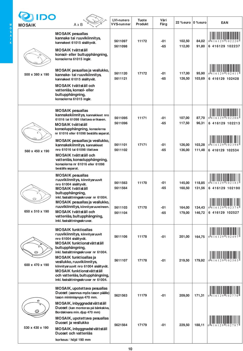 102411 6 416129 102428 MK tvättställ och vattenlås, konsol- eller bultupphängning, konsolerna 61015 ingår MK pesuallas kannakekiinnitys, kannakkeet nro 61016 tai 61098 tilattava erikseen MK