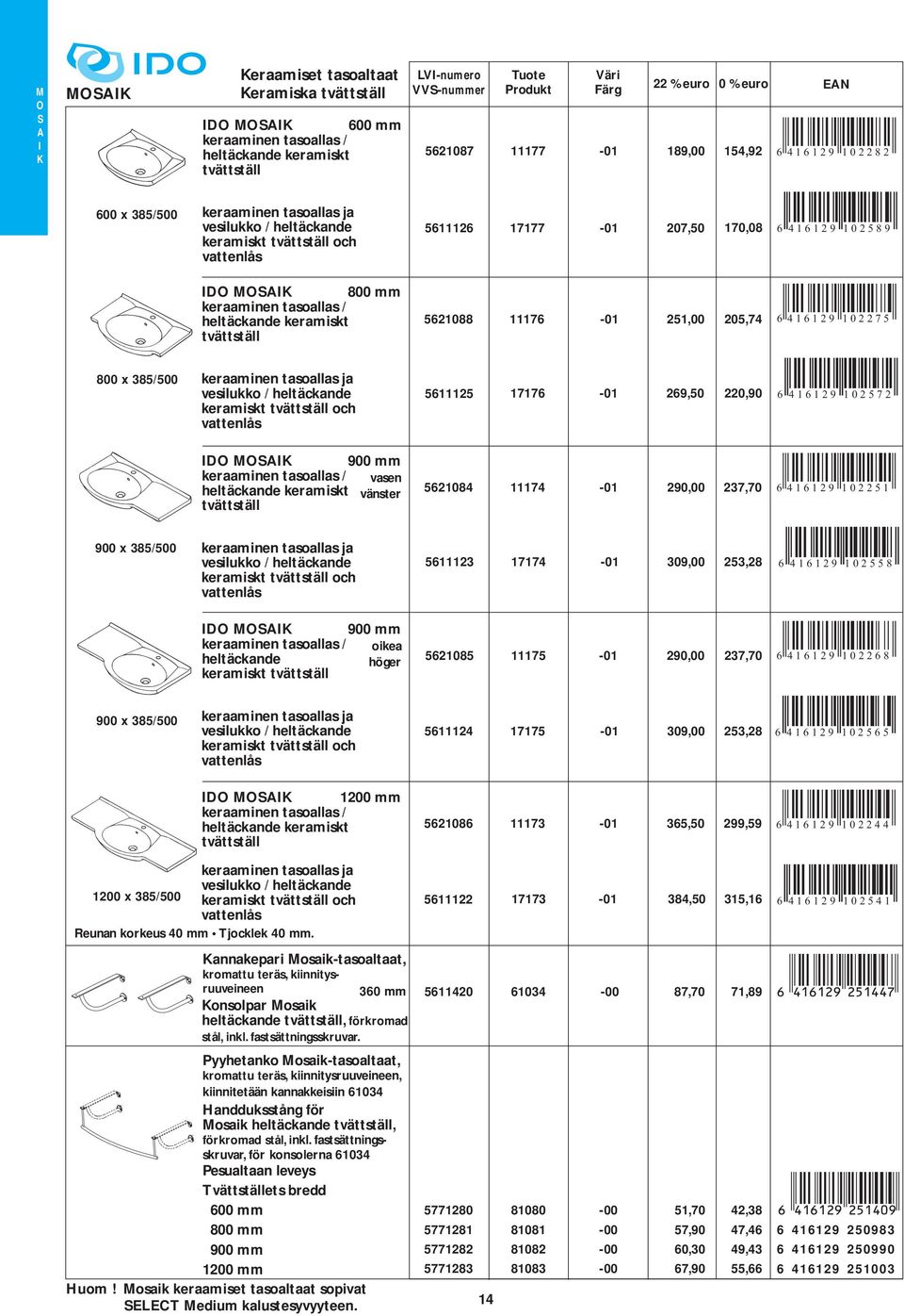 251,00 205,74 6 416129 102275 800 x 385/500 keraaminen tasoallas ja vesilukko / heltäckande keramiskt tvättställ och vattenlås 5611125 17176 269,50 220,90 6 416129 102572 D MK 900 mm keraaminen