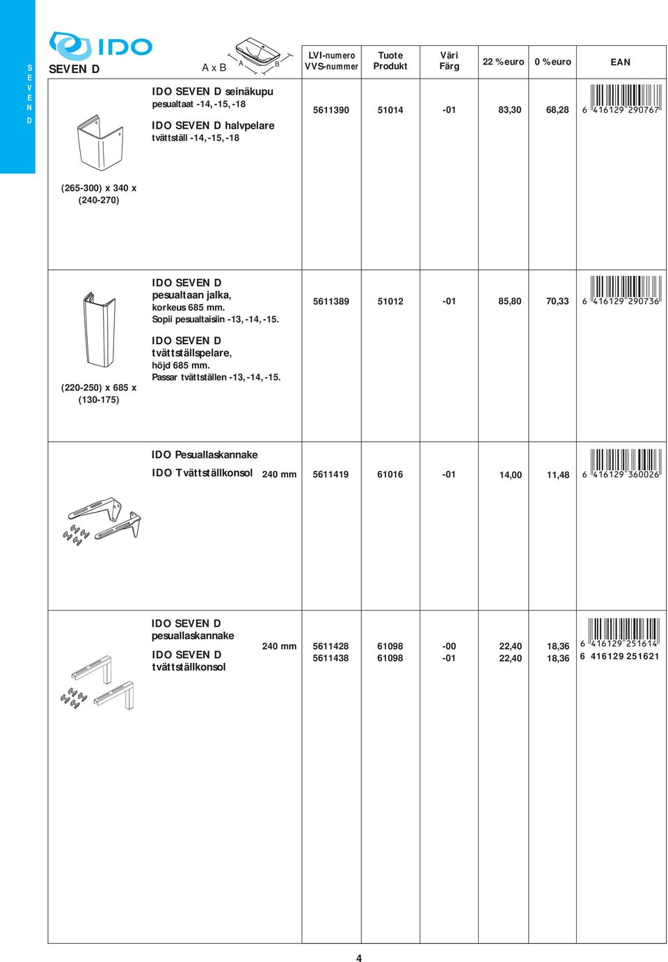 (220-250) x 685 x (130-175) D V D tvättställspelare, höjd 685 mm Passar tvättställen -13, -14, -15 D Pesuallaskannake D vättställkonsol 240 mm 5611419