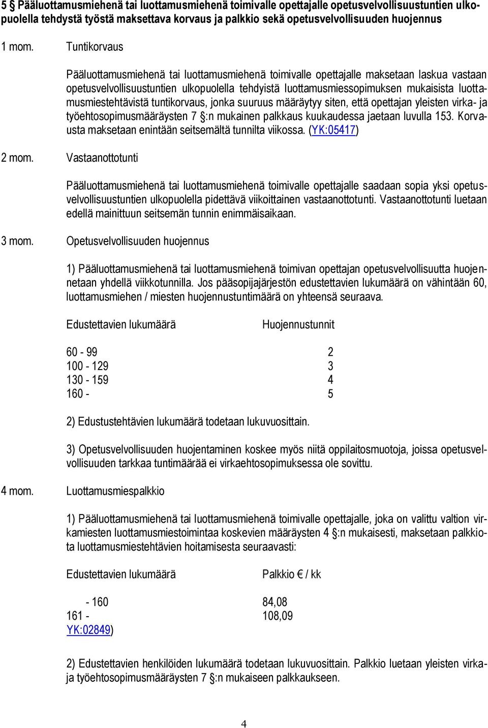 luottamusmiestehtävistä tuntikorvaus, jonka suuruus määräytyy siten, että opettajan yleisten virka- ja työehtosopimusmääräysten 7 :n mukainen palkkaus kuukaudessa jaetaan luvulla 153.