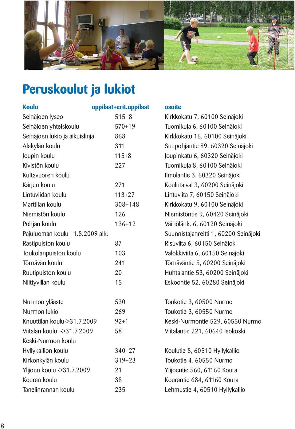 Alakylän koulu 311 Suupohjantie 89, 60320 Seinäjoki Joupin koulu 115+8 Joupinkatu 6, 60320 Seinäjoki Kivistön koulu 227 Tuomikuja 8, 60100 Seinäjoki Kultavuoren koulu Ilmolantie 3, 60320 Seinäjoki