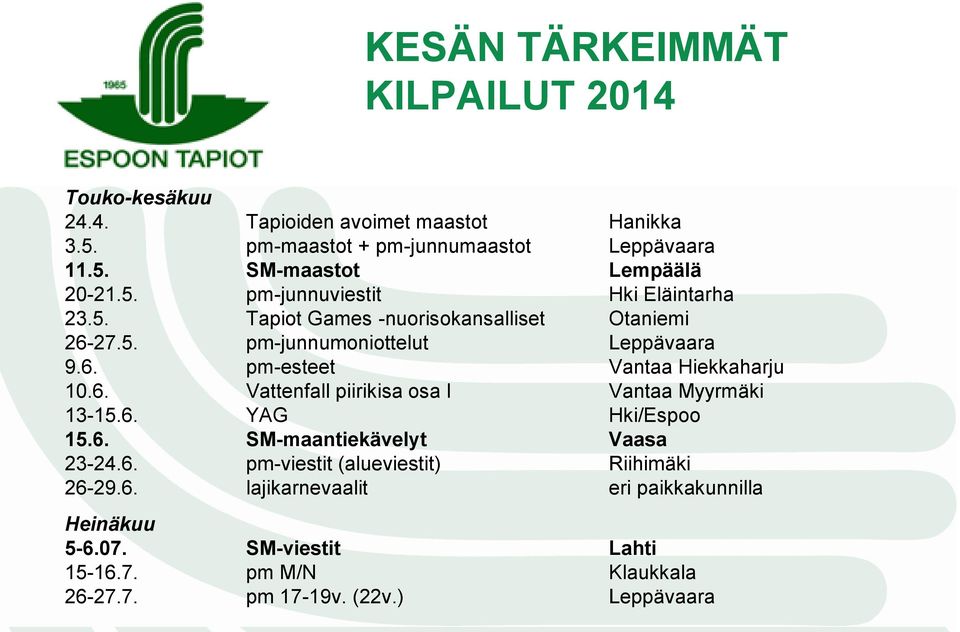 6. Vattenfall piirikisa osa I Vantaa Myyrmäki 13-15.6. YAG Hki/Espoo 15.6. SM-maantiekävelyt Vaasa 23-24.6. pm-viestit (alueviestit) Riihimäki 26-29.6. lajikarnevaalit eri paikkakunnilla Heinäkuu 5-6.