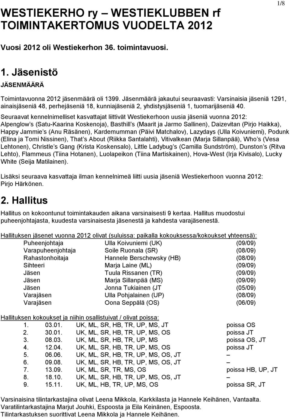 Seuraavat kennelnimelliset kasvattajat liittivät Westiekerhoon uusia jäseniä vuonna 2012: Alpenglow s (Satu-Kaarina Koskenoja), Basthill s (Maarit ja Jarmo Sallinen), Daizevitan (Pirjo Haikka), Happy