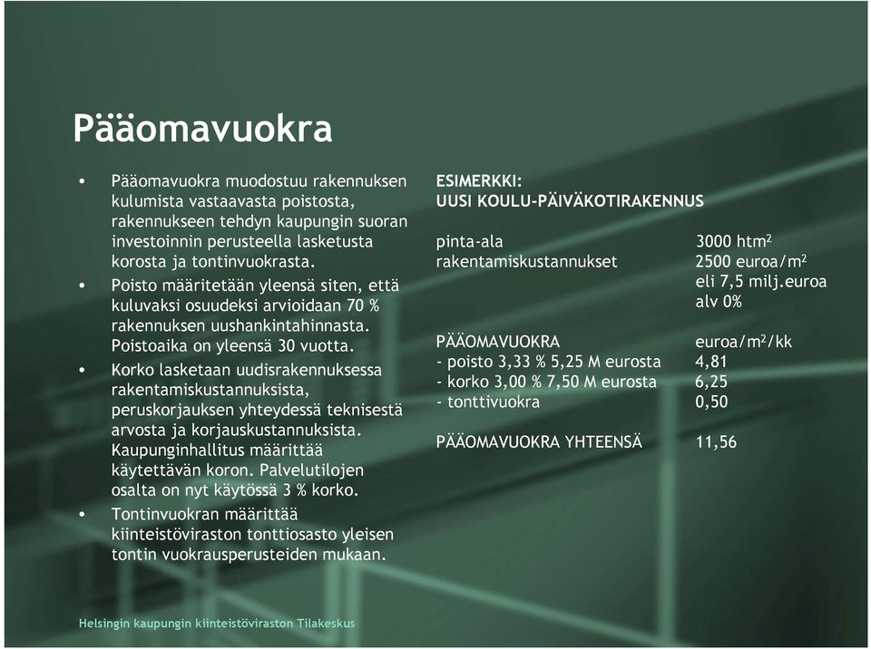 Korko lasketaan uudisrakennuksessa rakentamiskustannuksista, peruskorjauksen yhteydessä teknisestä arvosta ja korjauskustannuksista. Kaupunginhallitus määrittää käytettävän koron.