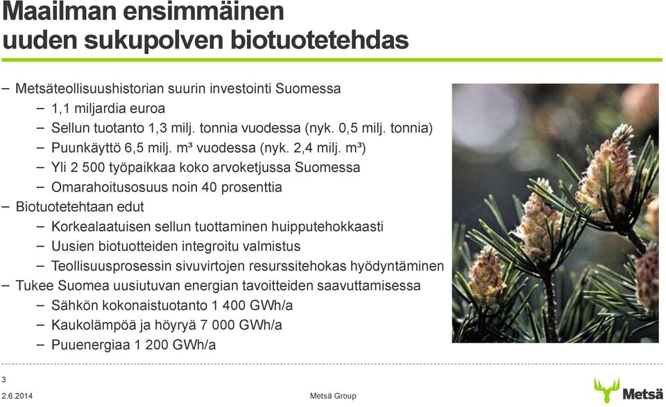 m³) Yli 2 500 työpaikkaa koko arvoketjussa Suomessa Omarahoitusosuus noin 40 prosenttia Biotuotetehtaan edut Korkealaatuisen sellun tuottaminen huipputehokkaasti