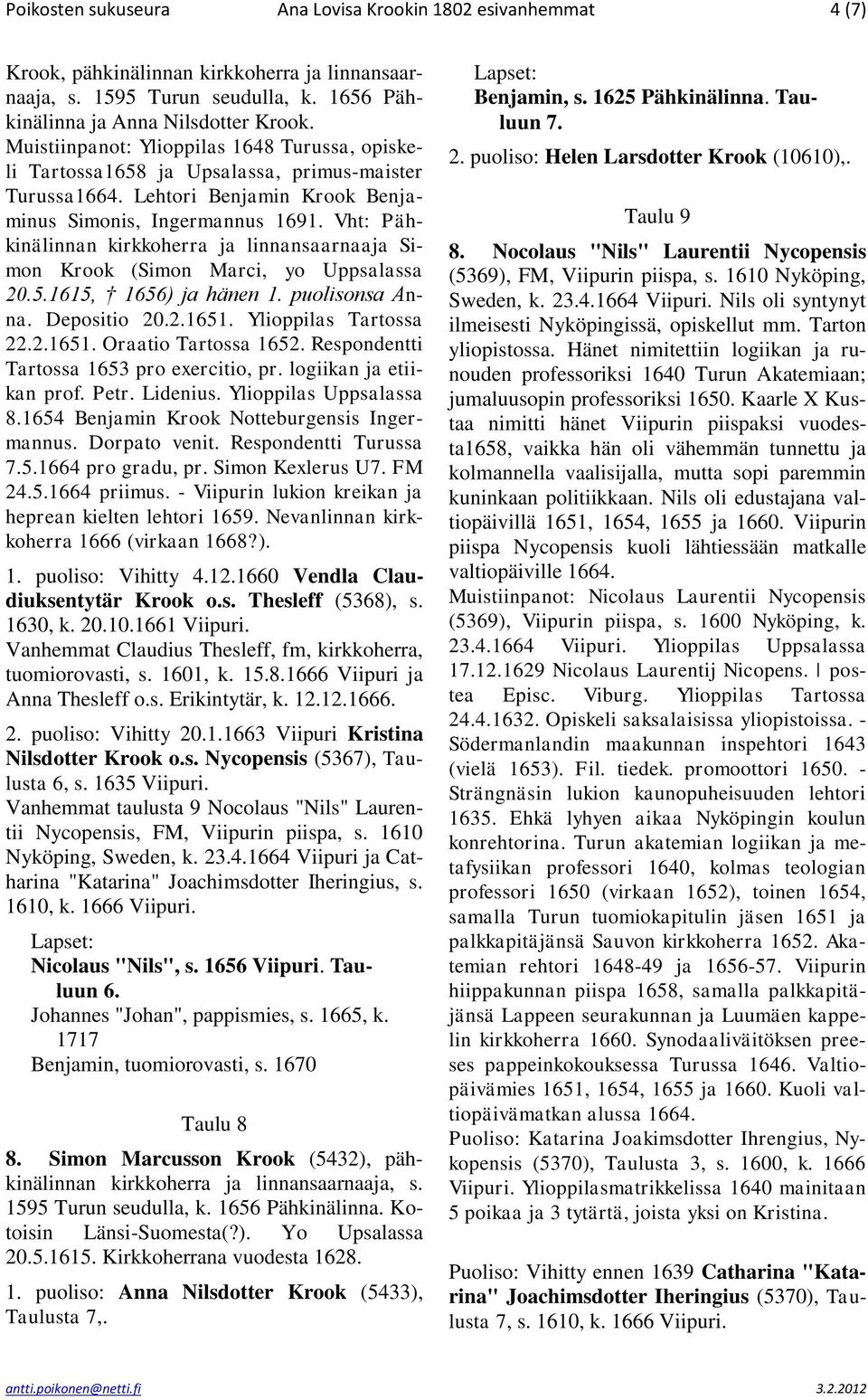 Vht: Pähkinälinnan kirkkoherra ja linnansaarnaaja Simon Krook (Simon Marci, yo Uppsalassa 20.5.1615, 1656) ja hänen 1. puolisonsa Anna. Depositio 20.2.1651. Ylioppilas Tartossa 22.2.1651. Oraatio Tartossa 1652.