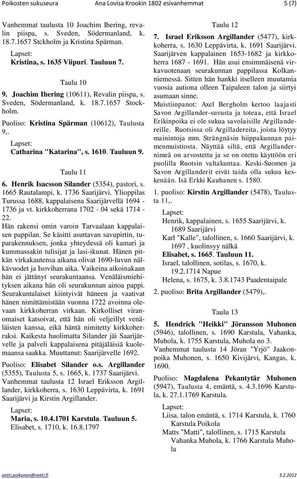 1610. Tauluun 9. Taulu 11 6. Henrik Isacsson Silander (5354), pastori, s. 1665 Rautalampi, k. 1736 Saarijärvi. Ylioppilas Turussa 1688, kappalaisena Saarijärvellä 1694-1736 ja vt.