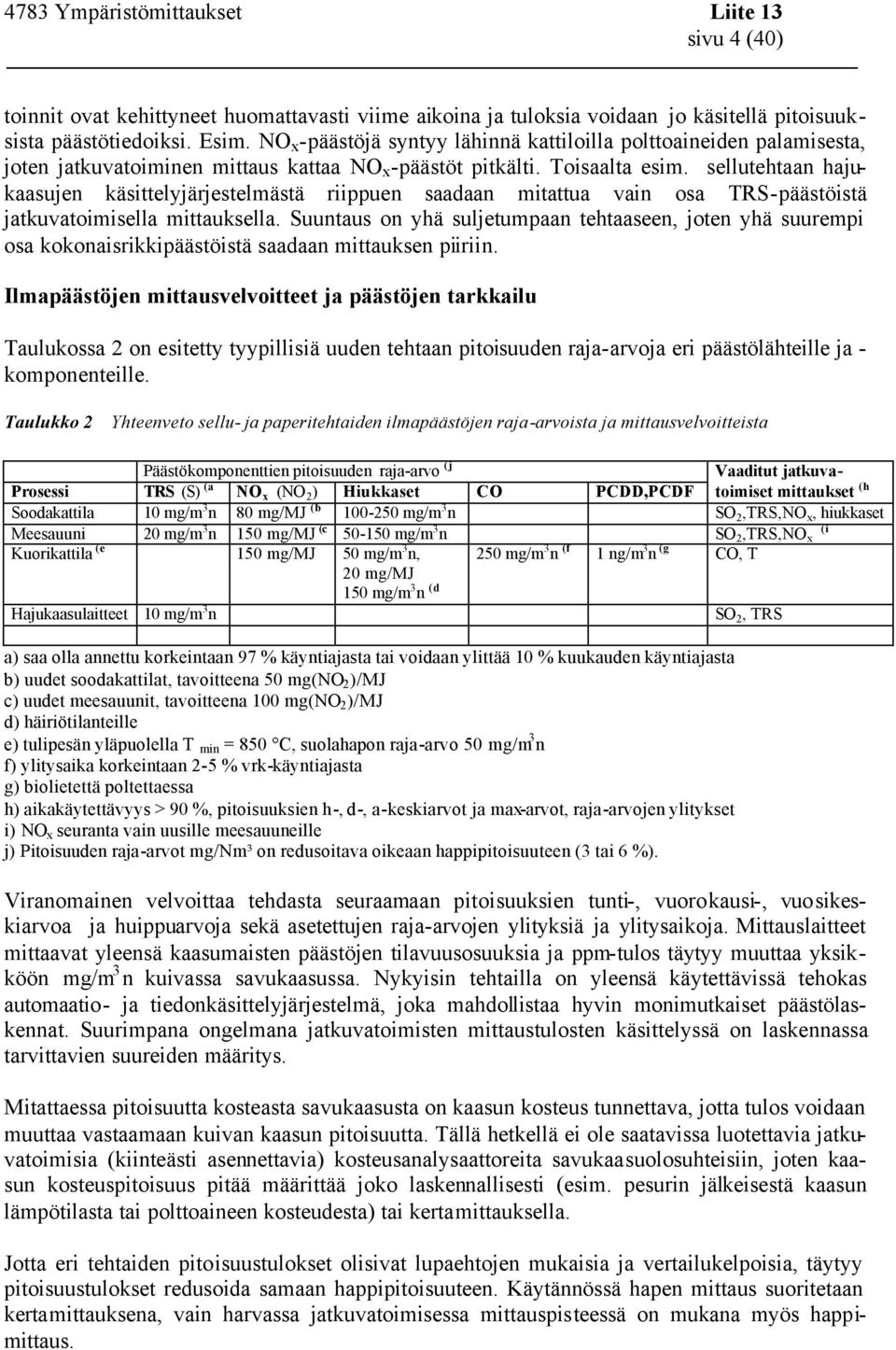 sellutehtaan hajukaasujen käsittelyjärjestelmästä riippuen saadaan mitattua vain osa TRS-päästöistä jatkuvatoimisella mittauksella.