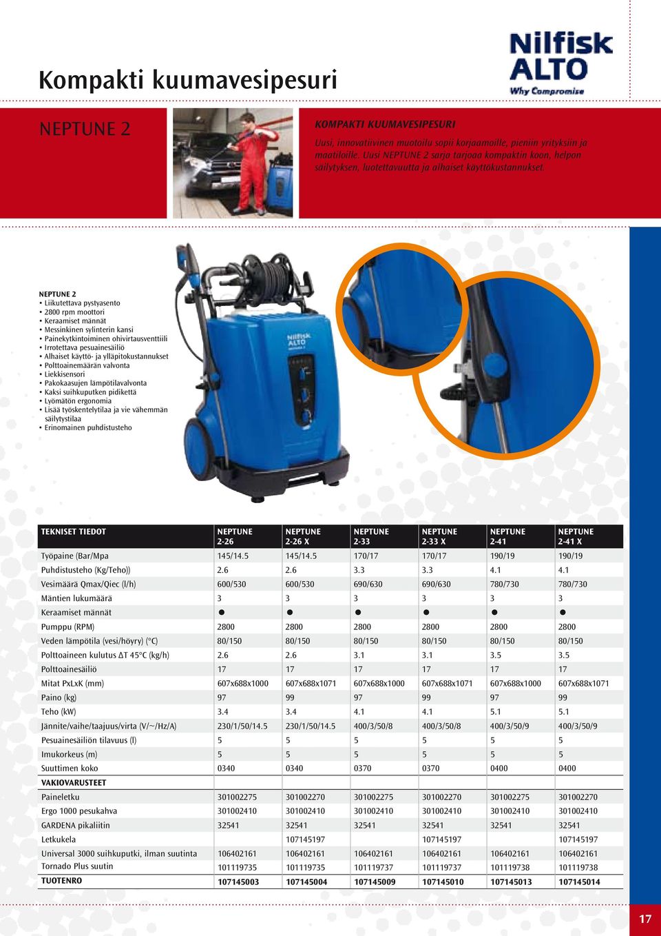 NEPTUNE 2 Liikutettava pystyasento 2800 rpm moottori Keraamiset männät Messinkinen sylinterin kansi Painekytkintoiminen ohivirtausventtiili Irrotettava pesuainesäiliö Alhaiset käyttö- ja