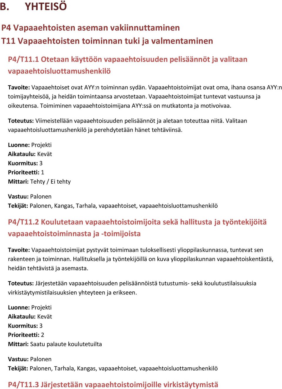 Vapaaehtoistoimijat ovat oma, ihana osansa AYY:n toimijayhteisöä, ja heidän toimintaansa arvostetaan. Vapaaehtoistoimijat tuntevat vastuunsa ja oikeutensa.