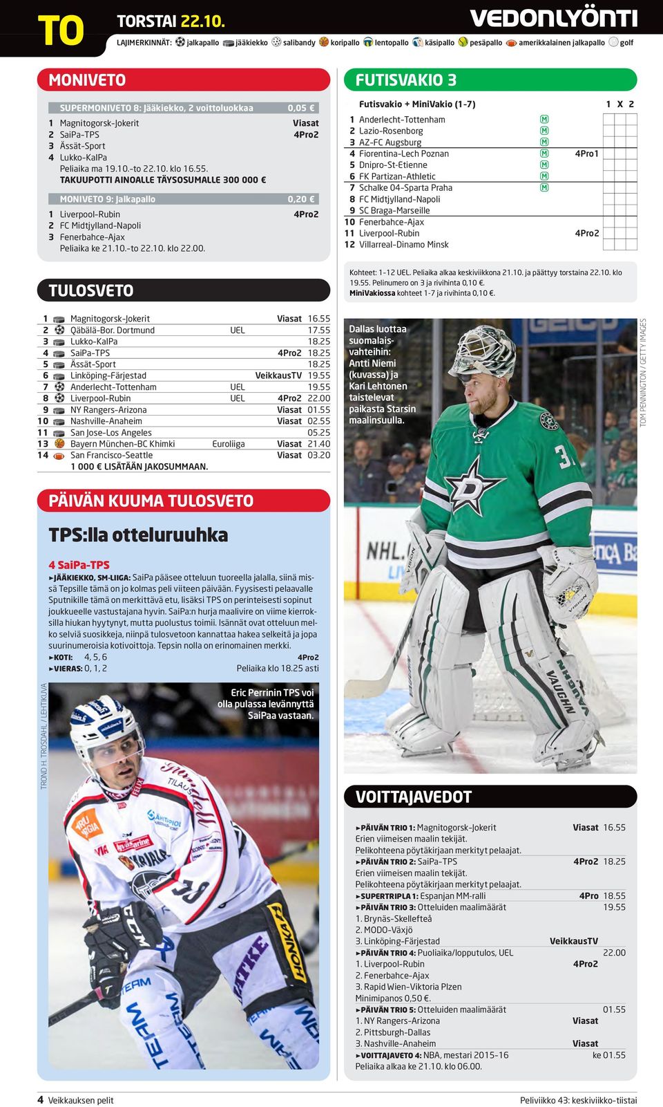 Viasat 2 SaiPa TPS 4Pro2 3 Ässät Sport 4 Lukko KalPa Peliaika ma 19.10. to 22.10. klo 16.55.