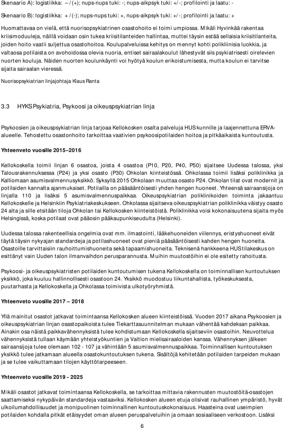 Mikäli Hyvinkää rakentaa kriisimoduuleja, näillä voidaan osin tukea kriisitilanteiden hallintaa, muttei täysin estää sellaisia kriisitilanteita, joiden hoito vaatii suljettua osastohoitoa.