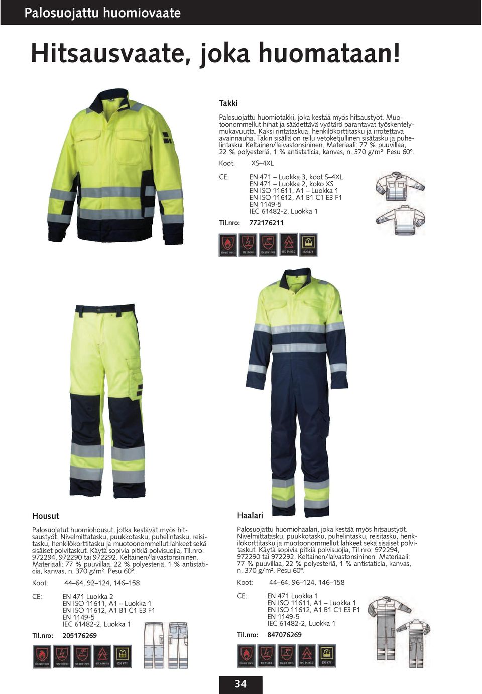 Materiaali: 77 % puuvillaa, 22 % polyesteriä, 1 % antistaticia, kanvas, n. 370 g/m². Pesu 60º.