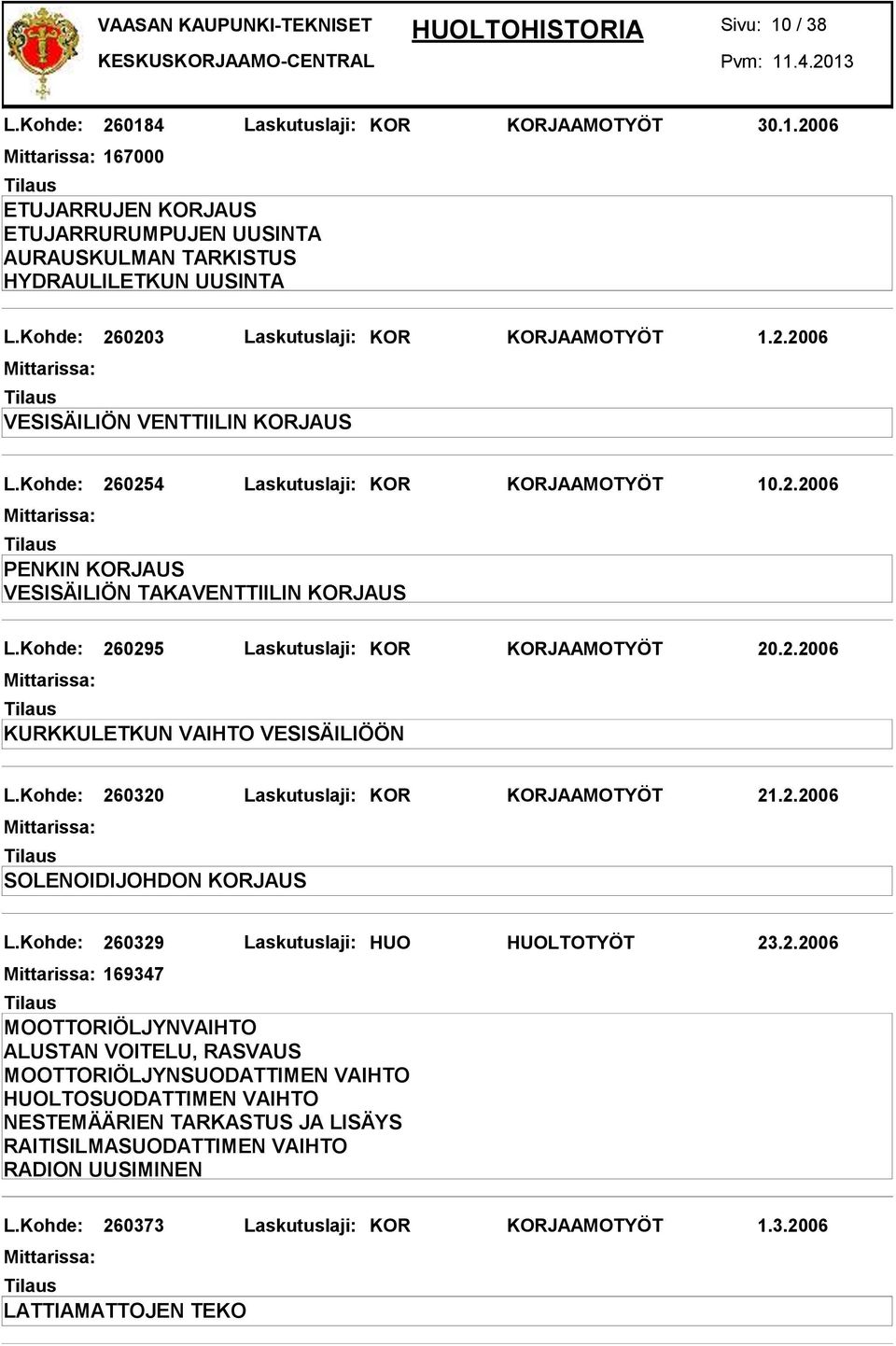 Kohde: 260295 Laskutuslaji: KOR KORJAAMOTYÖT 20.2.2006 KURKKULETKUN VAIHTO VESISÄILIÖÖN L.Kohde: 260320 Laskutuslaji: KOR KORJAAMOTYÖT 21.2.2006 SOLENOIDIJOHDON KORJAUS L.