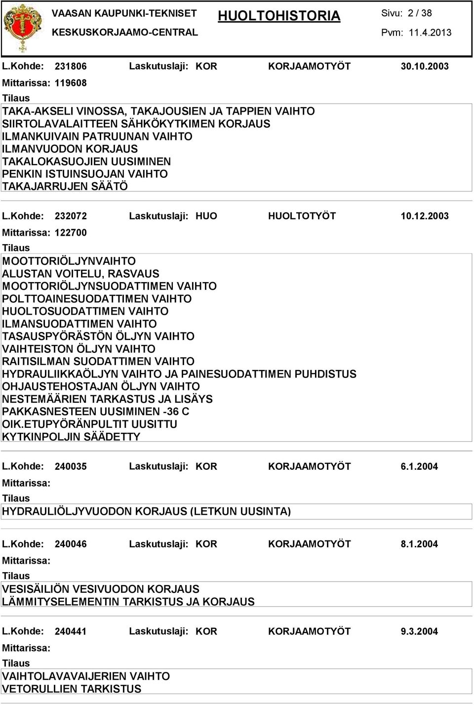 VAIHTO TAKAJARRUJEN SÄÄTÖ L.Kohde: 232072 Laskutuslaji: HUO HUOLTOTYÖT 10.12.