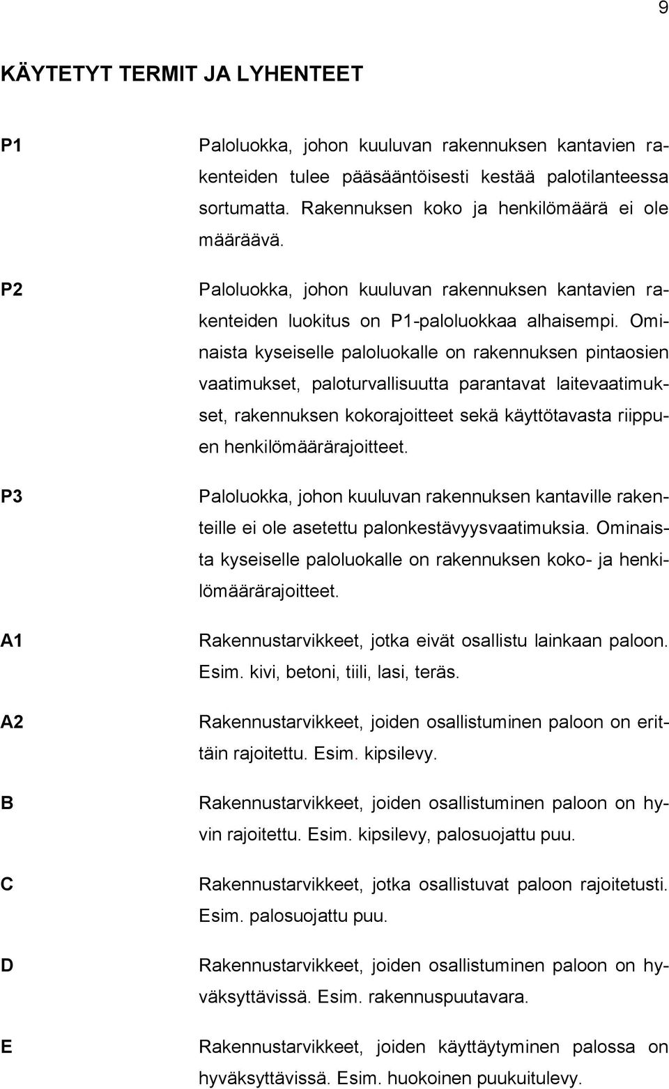 Ominaista kyseiselle paloluokalle on rakennuksen pintaosien vaatimukset, paloturvallisuutta parantavat laitevaatimukset, rakennuksen kokorajoitteet sekä käyttötavasta riippuen henkilömäärärajoitteet.