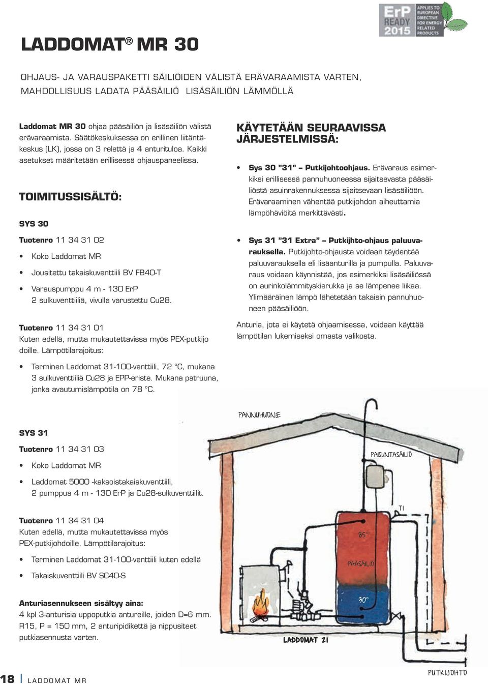 TOIMITUSSISÄLTÖ: SYS 30 Tuotenro 11 34 31 02 Koko Laddomat MR Jousitettu takaiskuventtiili BV FB40-T Varauspumppu 4 m - 130 ErP 2 sulkuventtiiliä, vivulla varustettu Cu28.