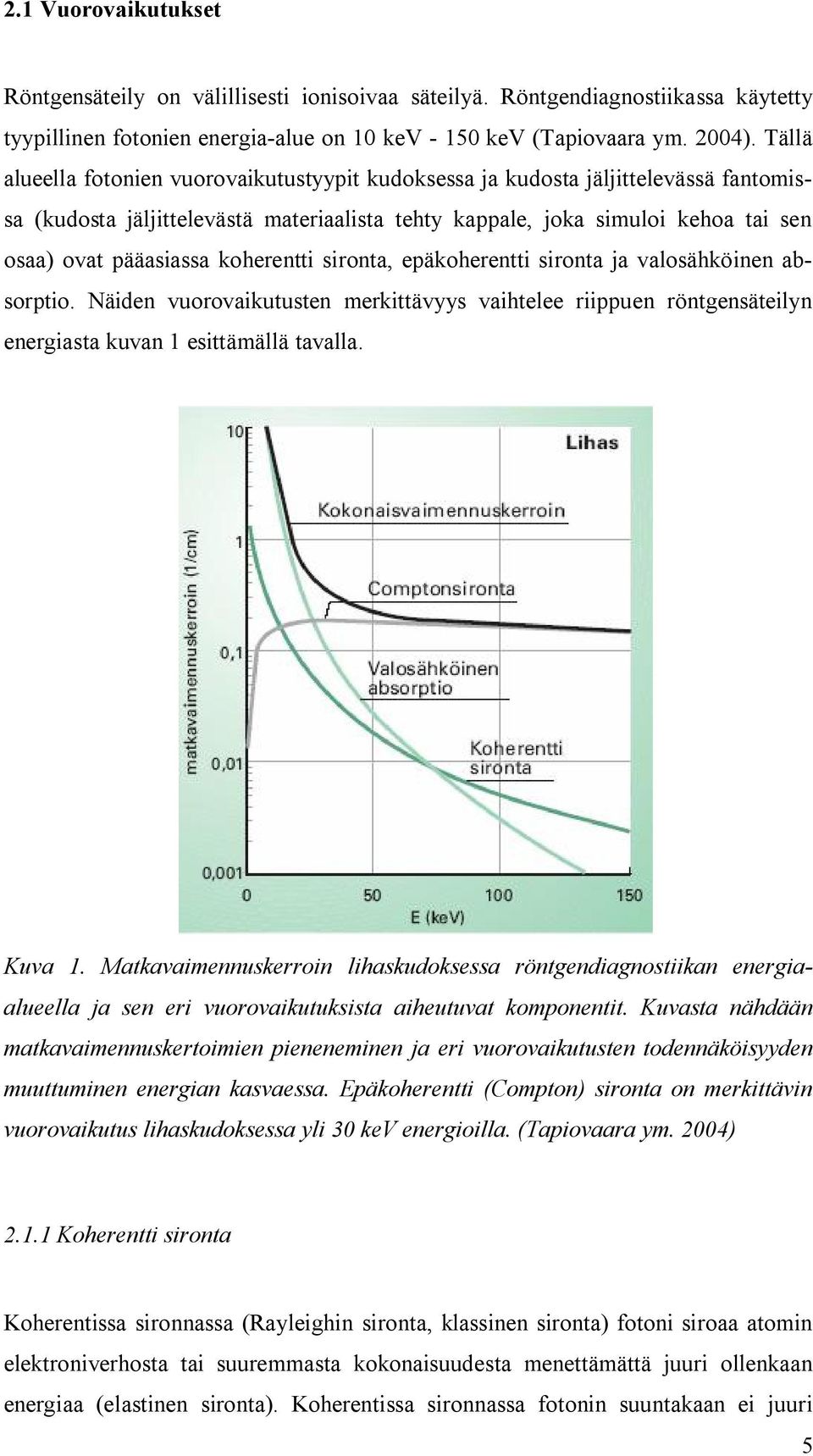 koherentti sironta, epäkoherentti sironta ja valosähköinen absorptio. Näiden vuorovaikutusten merkittävyys vaihtelee riippuen röntgensäteilyn energiasta kuvan 1 esittämällä tavalla. Kuva 1.