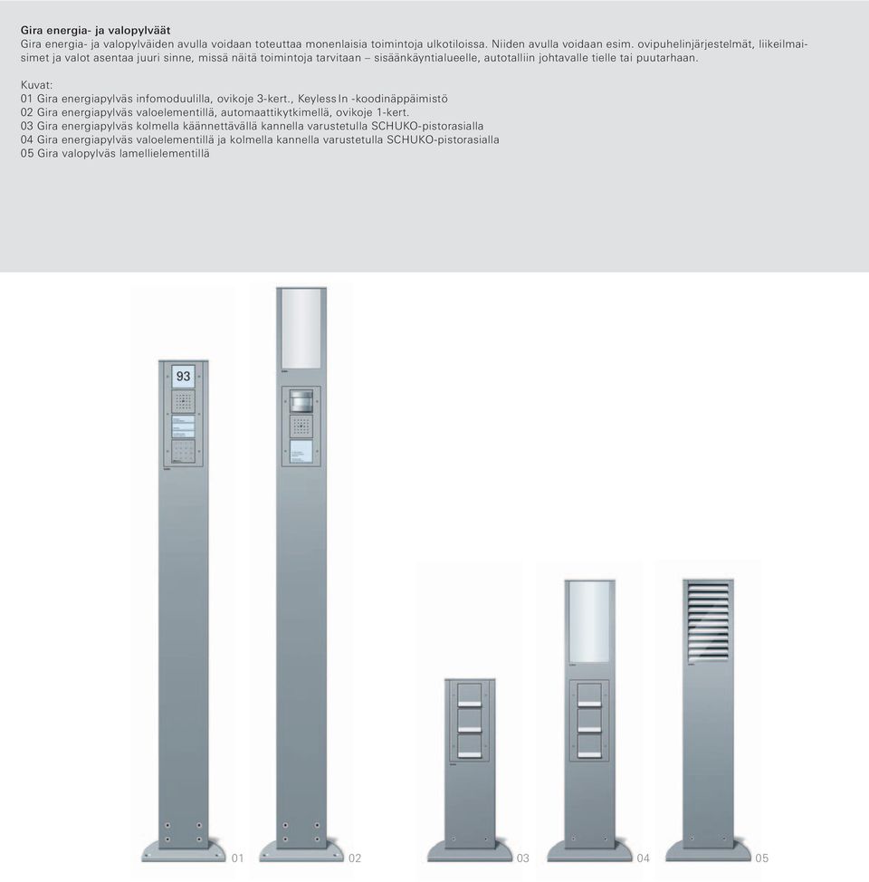 Kuvat: 01 Gira energiapylväs infomoduulilla, ovikoje 3-kert., Keyless In -koodinäppäimistö 02 Gira energiapylväs valoelementillä, automaattikytkimellä, ovikoje 1-kert.