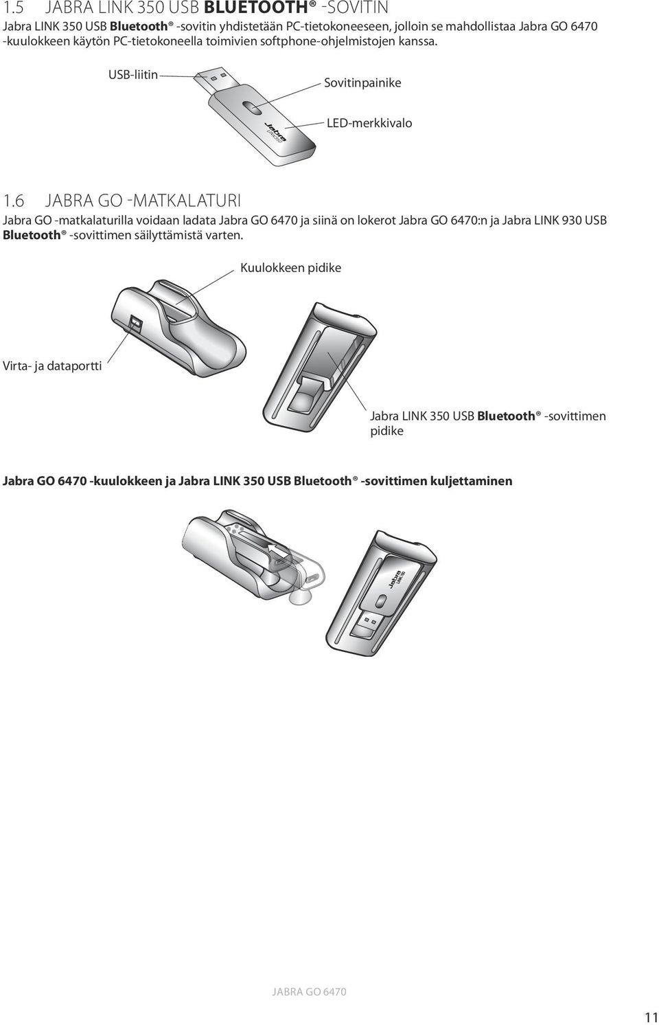 6 Jabra GO -matkalaturi Jabra GO -matkalaturilla voidaan ladata Jabra GO 6470 ja siinä on lokerot Jabra GO 6470:n ja Jabra LINK 930 USB Bluetooth -sovittimen
