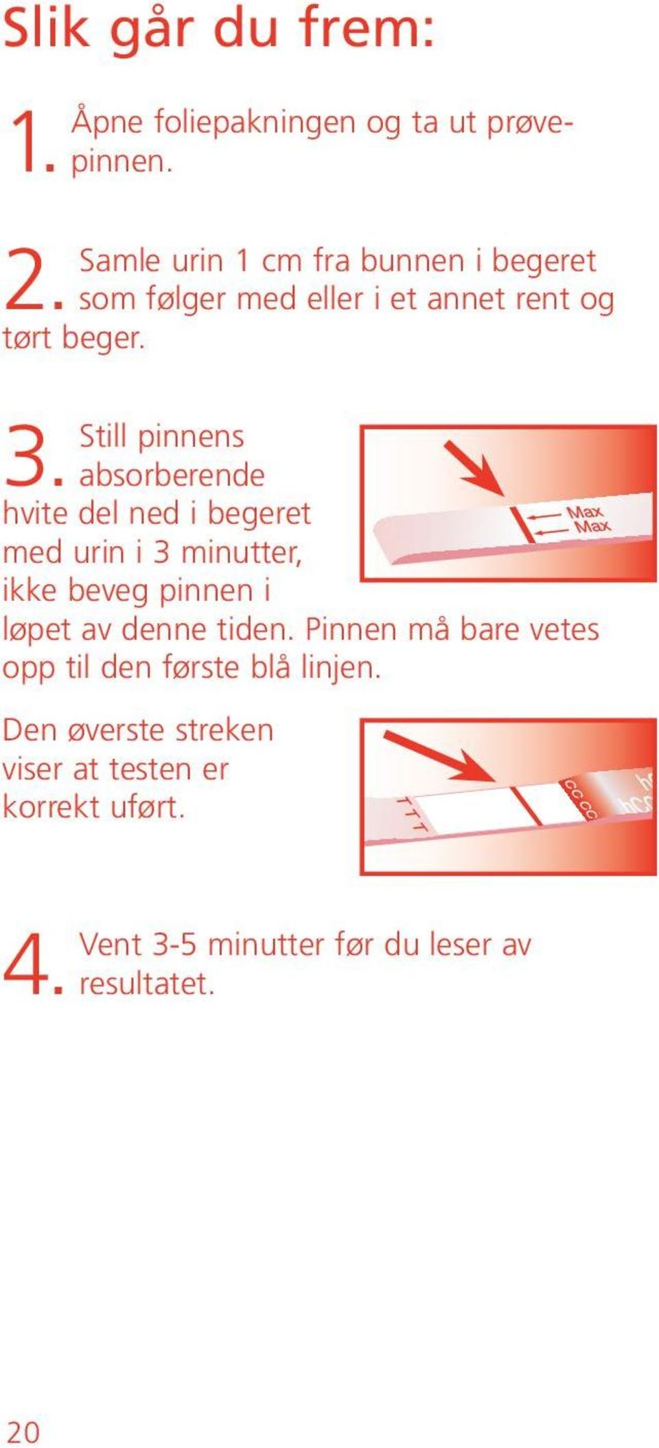 absorberende hvite del ned i begeret med urin i 3 minutter, ikke beveg pinnen i løpet av denne tiden.