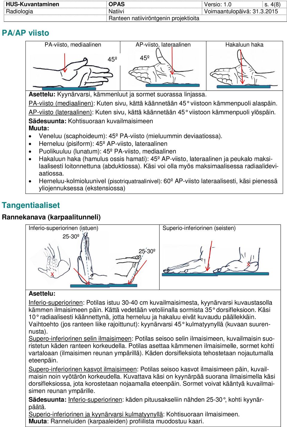 Sädesuunta: Kohtisuoraan kuvailmaisimeen Muuta: Veneluu (scaphoideum): 45º PA-viisto (mieluummin deviaatiossa).