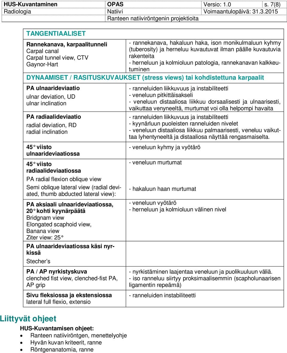 CTV rakenteita Gaynor-Hart - herneluun ja kolmioluun patologia, rannekanavan kalkkeutuminen DYNAAMISET / RASITUSKUVAUKSET (stress views) tai kohdistettuna karpaalit PA ulnaarideviaatio ulnar