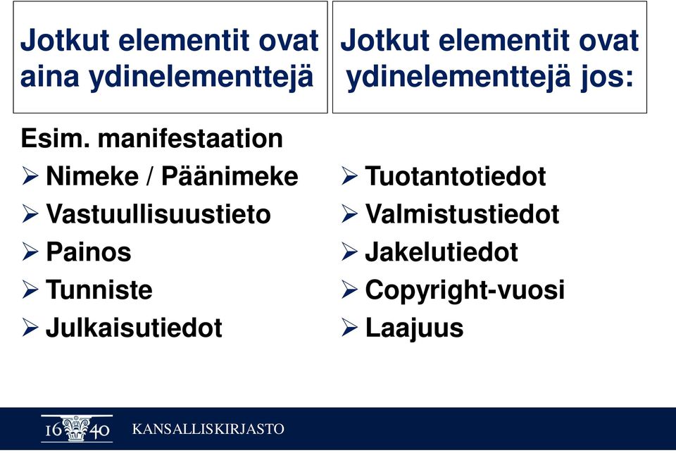 Tunniste Julkaisutiedot Jotkut elementit ovat